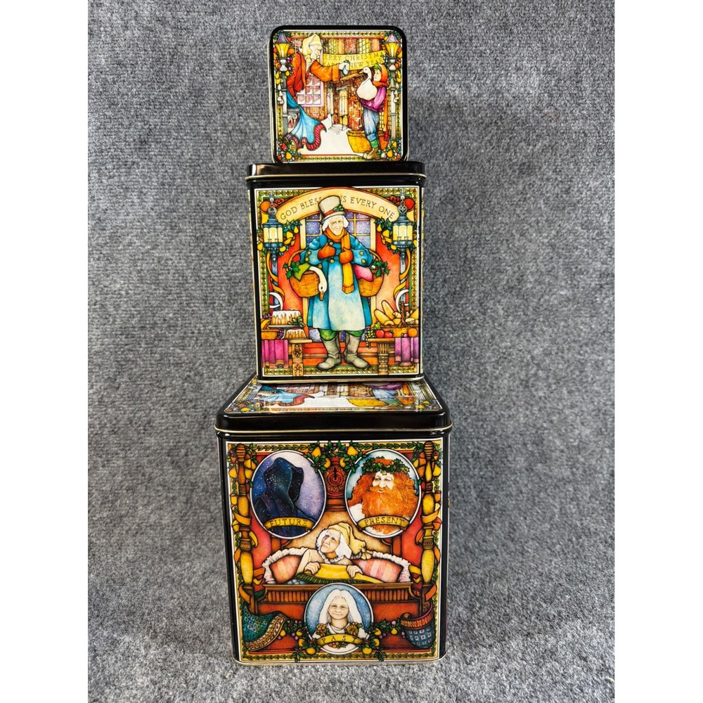 Vintage 1987 Enesco A Christmas Carol Stacking Nesting Tins Set of 3 Scrooge
